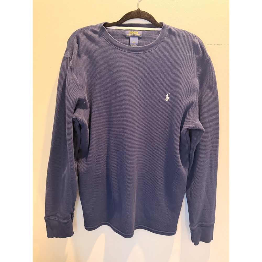 Polo Ralph Lauren Mens L Navy Blue Waffle Knit Thermal LS Crew Neck Shirt Pony